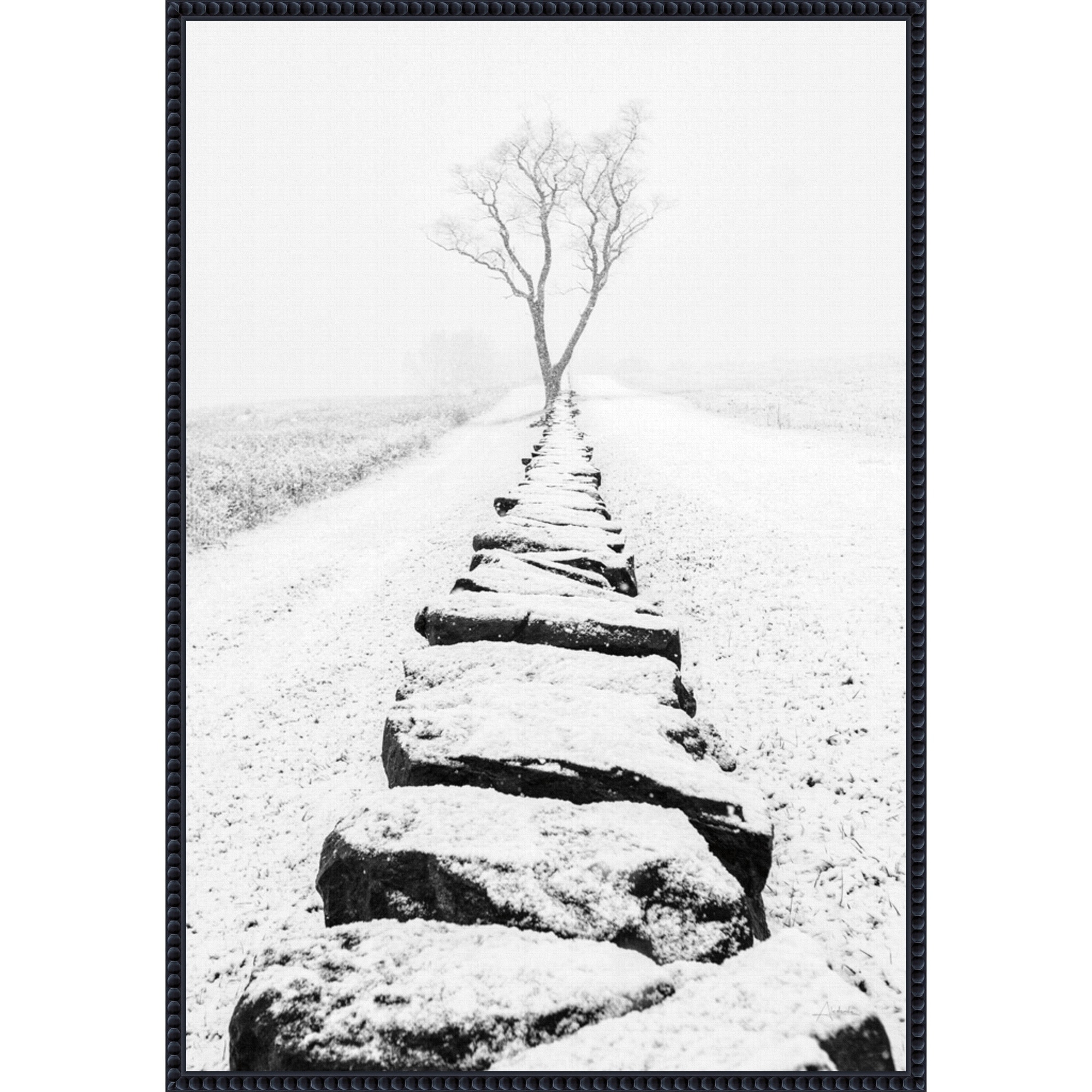 Snowy Stone Wall by Aledanda (23 x 33 in.), Framed Canvas Wall Art Print - Sylvie Beaded Black