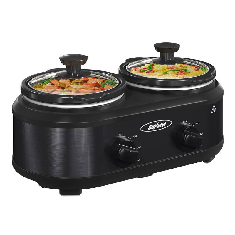 Royalcraft 2 Pot Slow Cooker Stainless Steel Buffet Server 1.25 Quart - Black