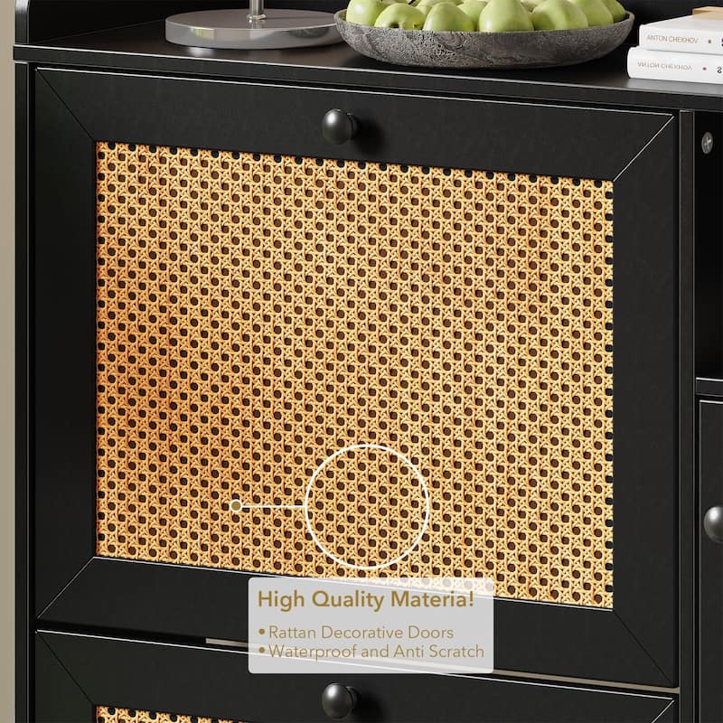 3-Tier Shoe Storage Cabinet with Rattan Doors and Adjustable Compartments