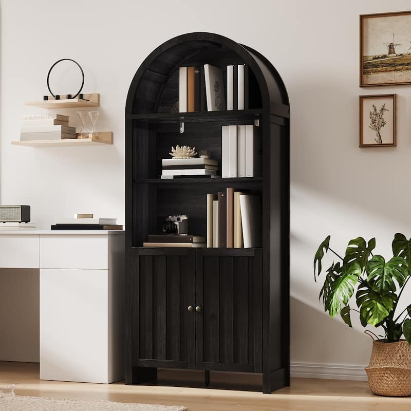 Accent Cabinet with Arched Top, Storage Cabinet with Slatted Doors, Buffet Sideboard with Adjustable Shelves - Black