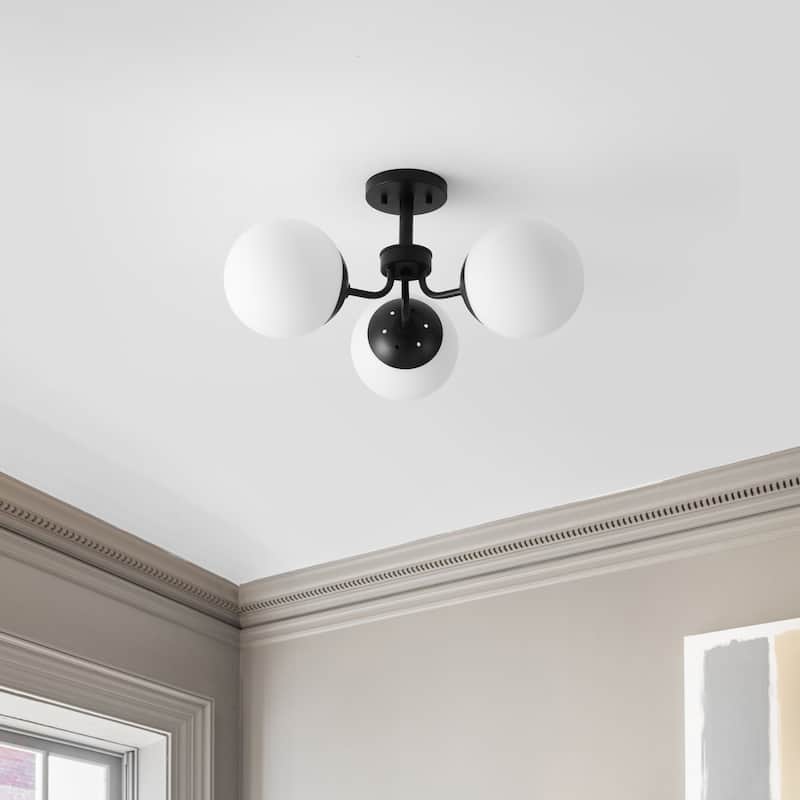 Ojai 23.5" 3-Light Bohemian Farmhouse Iron/Frosted Glass LED Semi Flush Mount, Brass Gold/White by JONATHAN Y