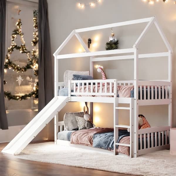 slide 2 of 14, Twin Over Twin Bunk Bed with Slide, House Bed with Slide,Maximized Space Saving