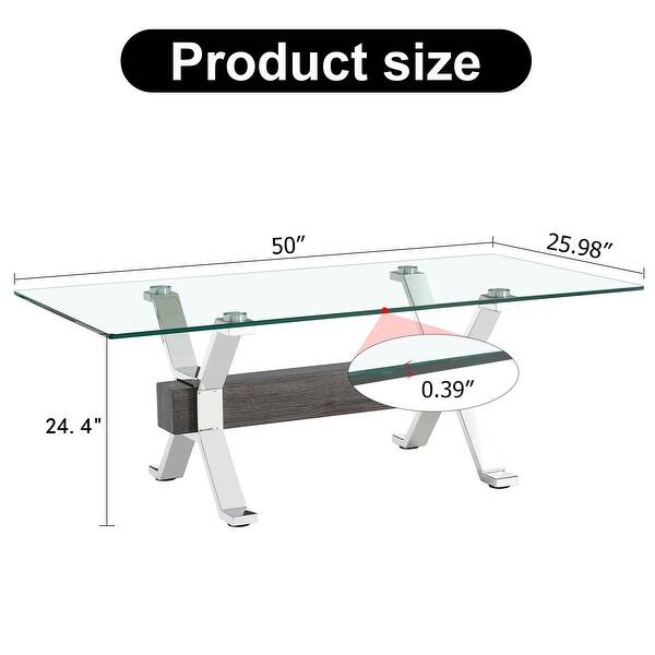 Tempered Glass Coffee Table with Plating Metal Legs and MDF Crossbar