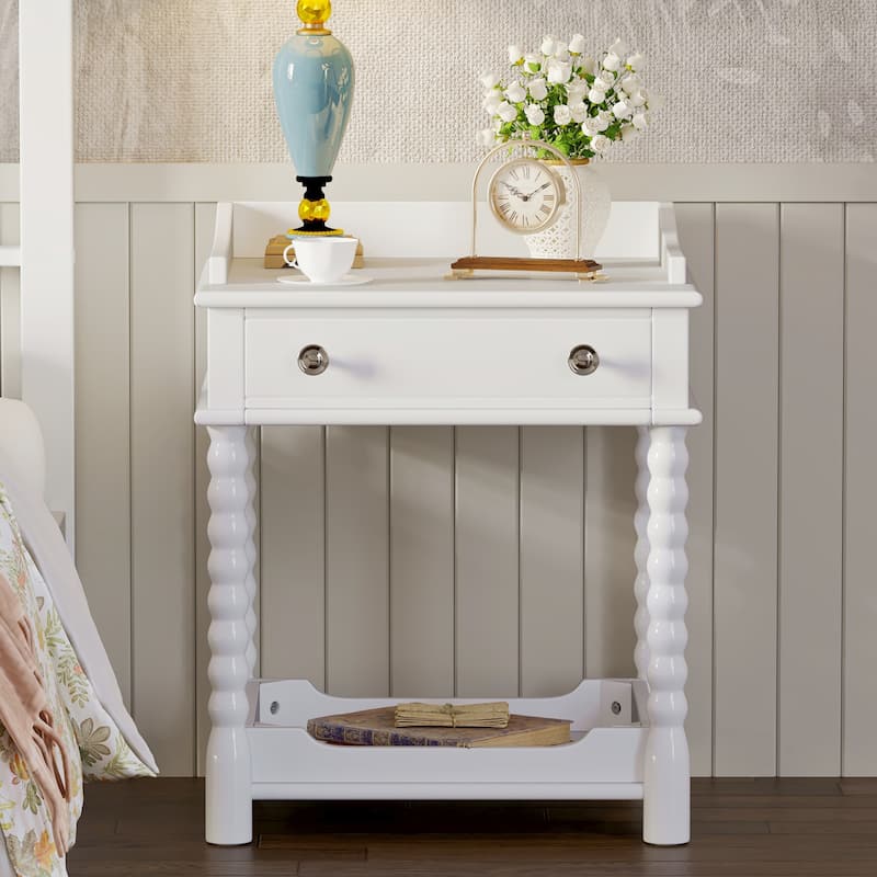Charming White Retro Nightstand with Drawer and Open Shelf, Classic Bedside Table with Metal Handle