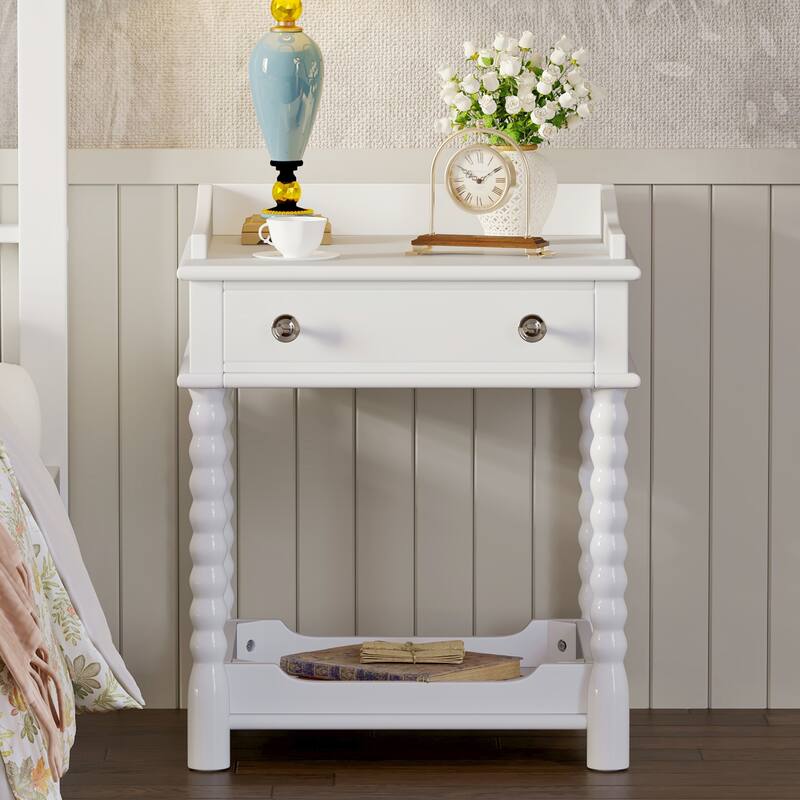 Wooden Nightstand with Drawer and Open Shelf, Accent Nightstand with Turned Legs, Sofa Side Table with Metal Handle