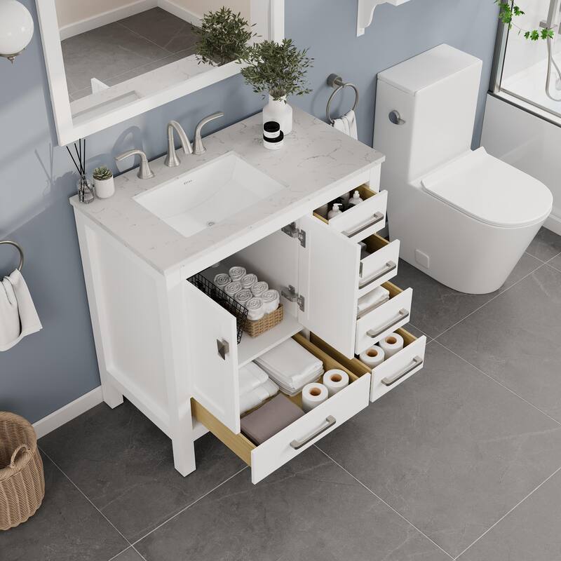 Eviva Aberdeen 36"W x 22"D Bath Vanity with White Carrara Quartz Top