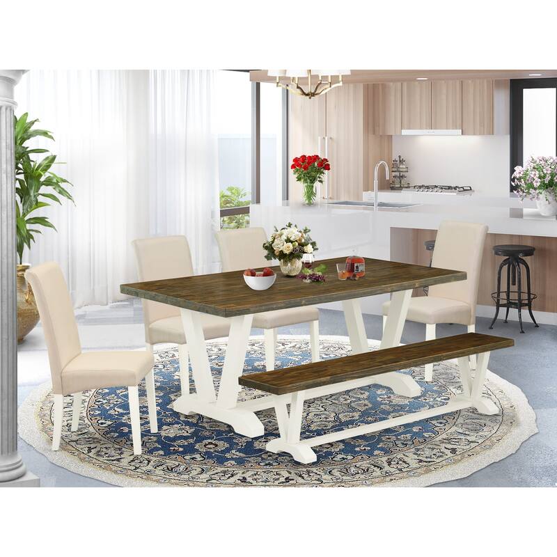 East West Furniture Kitchen Table Set- a Dining Table and Cream Linen Fabric Chairs, Linen White(Pieces Options) - V077BA201-6