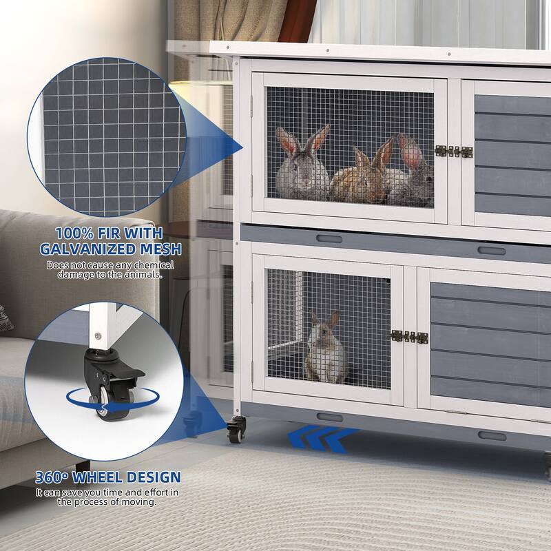 Moasis 41-inch 2-Tier Wooden Rabbit Hutch Bunny Cage with Removable Tray and Wheels