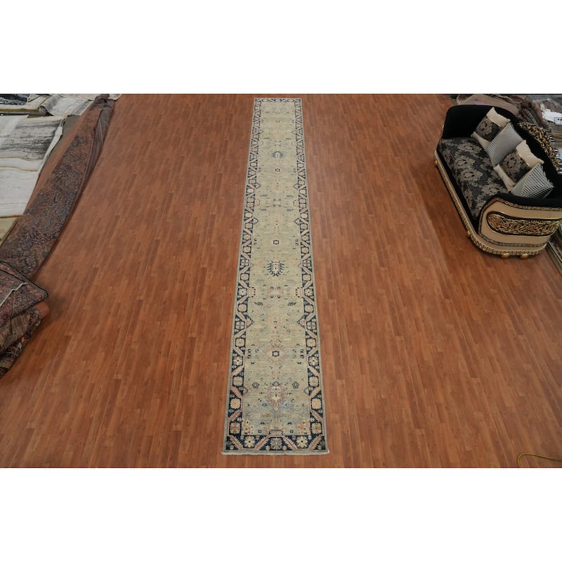 Hand Knotted Oriental 100% Wool Carpet Traditional Floral Navy Blue & Blues Ziegler Runner Rug - 22' 5'' X 3' 0''
