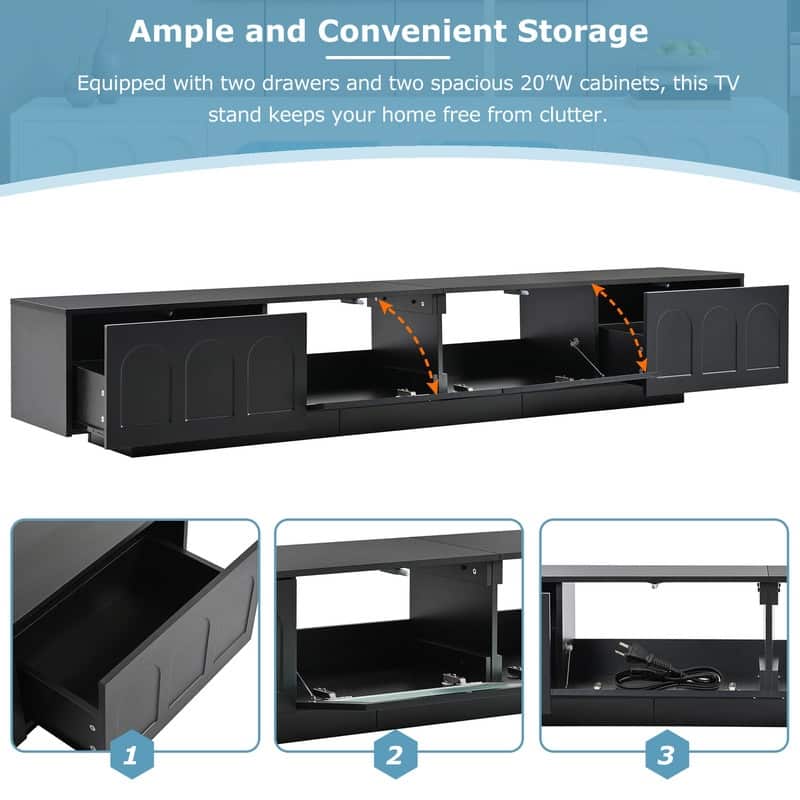 Modern 95" TV Stand with App-Controlled LED Lights and Fluted Glass Doors