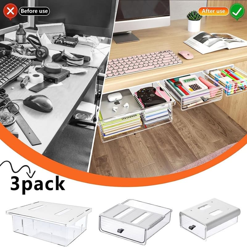 3 Pack Under Desk Drawer Organizer (Clear) Bed Bath & Beyond 39310886