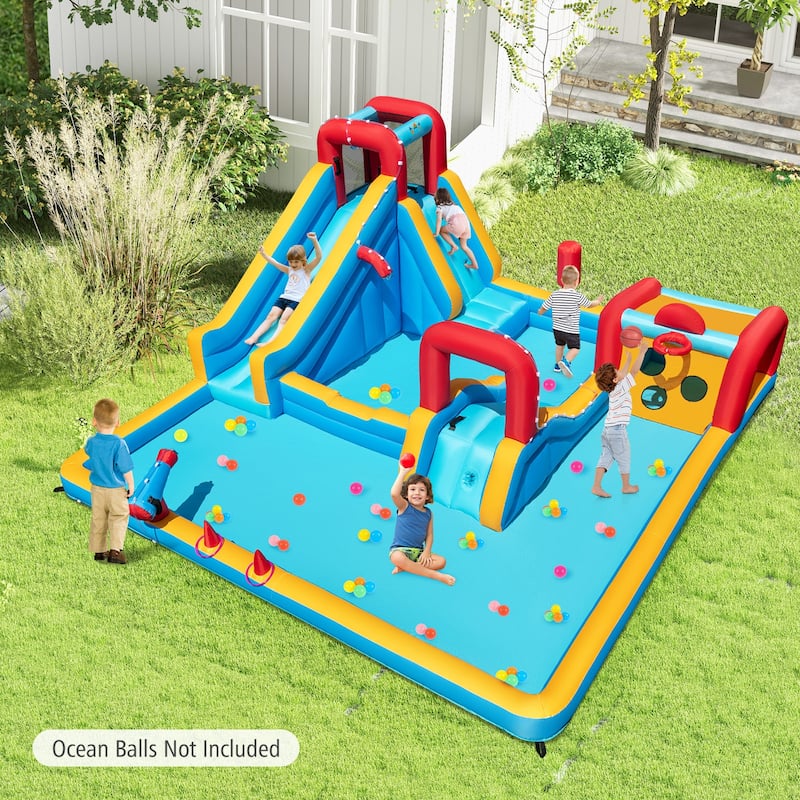 Giant Kids Inflatable Water Park 9-in-1 with Slide Climbing Wall and Ball Games and Water Cannon - 177” x 176” x 81” (L x W x H)