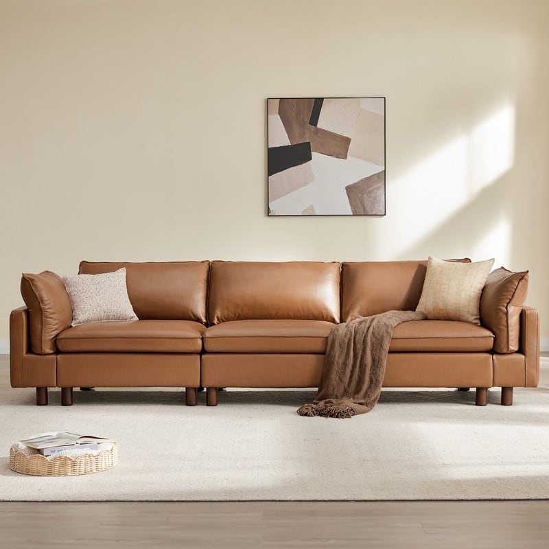 Spruce & Spring Modular Cloud Couch Sofa with Wood Legs for Living Room - Brown-Leather-3PC