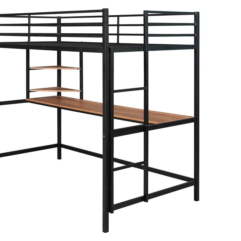 Twin Size Metal Loft Bed with Desk, Ladder & Shelf
