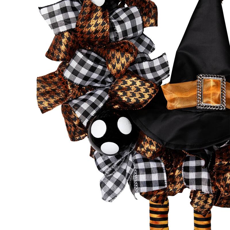 Witch with Bows and Ornaments Halloween Wreath - 24" - Orange and Black - Unlit