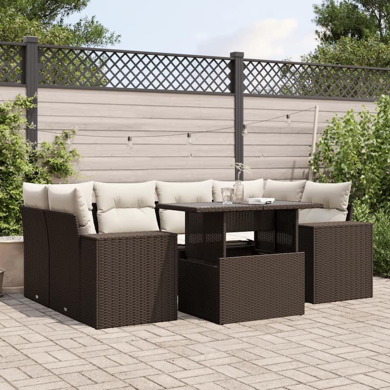 vidaXL Patio Sofa Set with Cushions Outdoor Furniture 7 Piece Poly Rattan - 24.4 x 24.4 x 27.2 - Brown and Cream-without storage