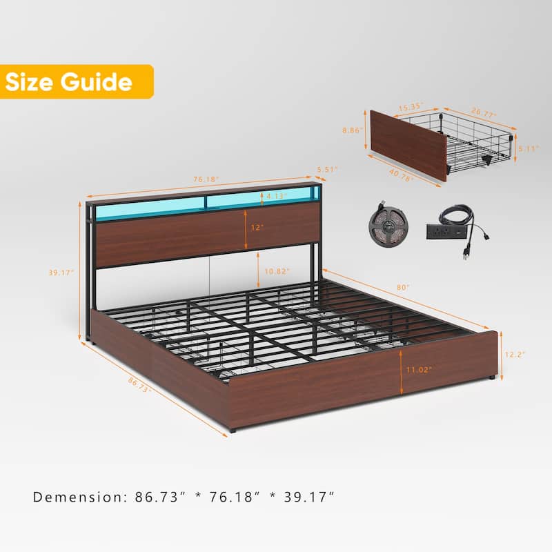 King Size Bed Frame with Charging Station,LED,Drawers