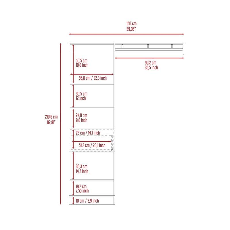 Closet System, Metal Rod, Five Open Shelves, One Drawer