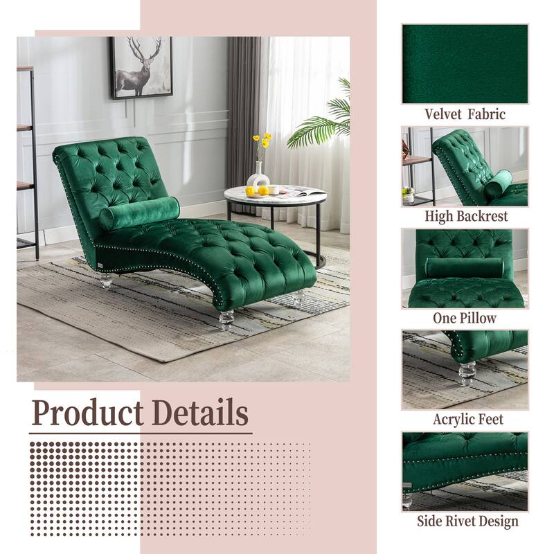 Emerald Modern 63.98" Upholstered Buttons Tufted Chaise Lounge Chair with Pillow and Acrylic Legs