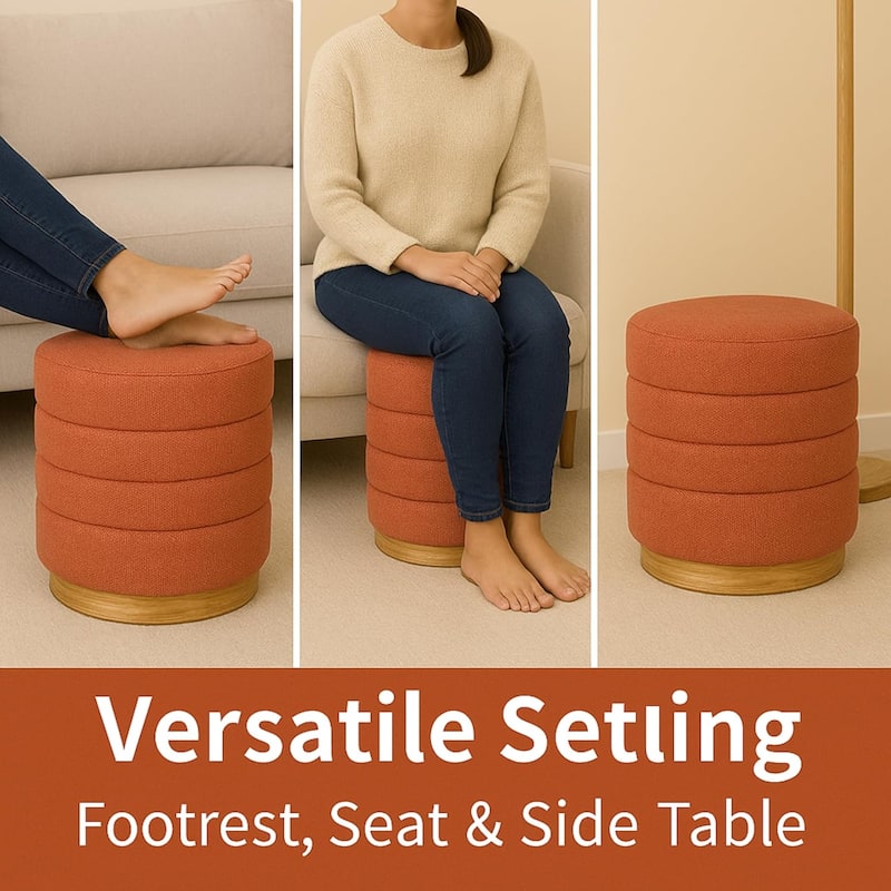 Modern Cylinder Ottoman with Hidden Storage Linen Upholstery Seat