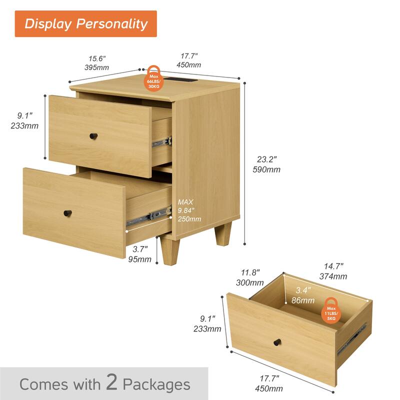 WAMPAT End Table with Charging Station and 2 Drawer for Living Room