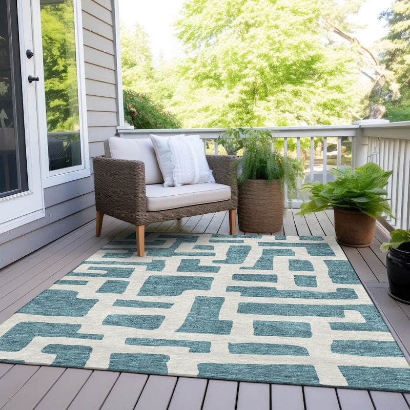 Machine Washable Indoor/ Outdoor Chantille Geo Contemporary Rug - Teal - 8' x 10'