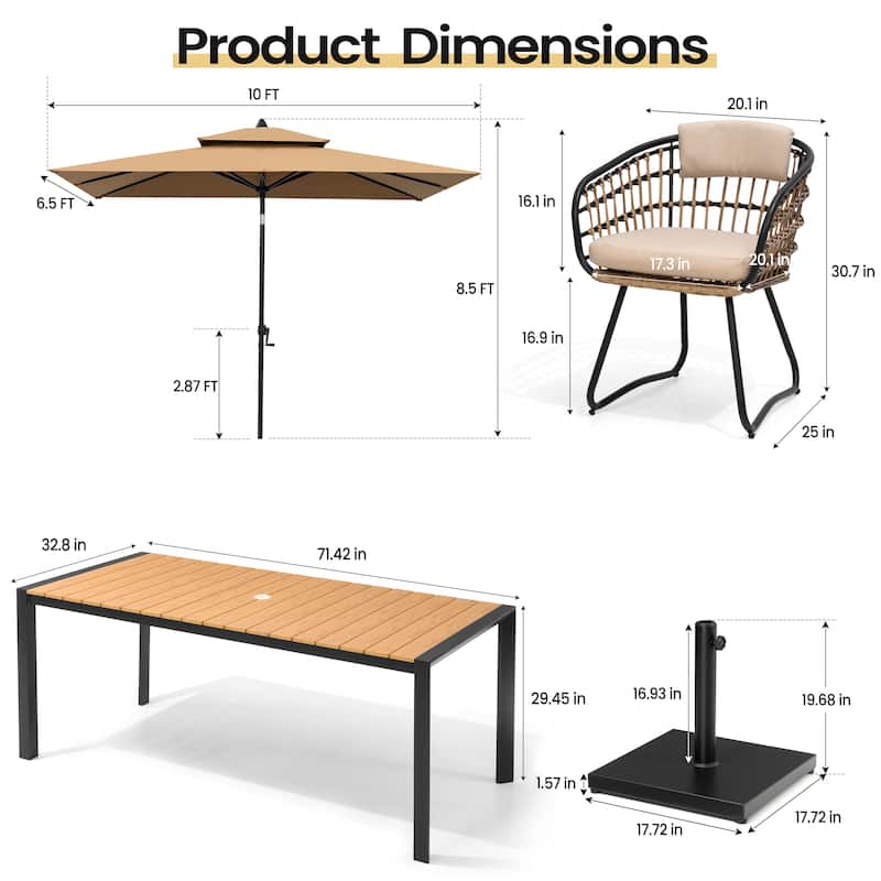 Set of 9 Outdoor Patio Dining Set WoodLike Aluminum Umbrella Hole Table with Rattan Chairs, Market Umbrella and Base