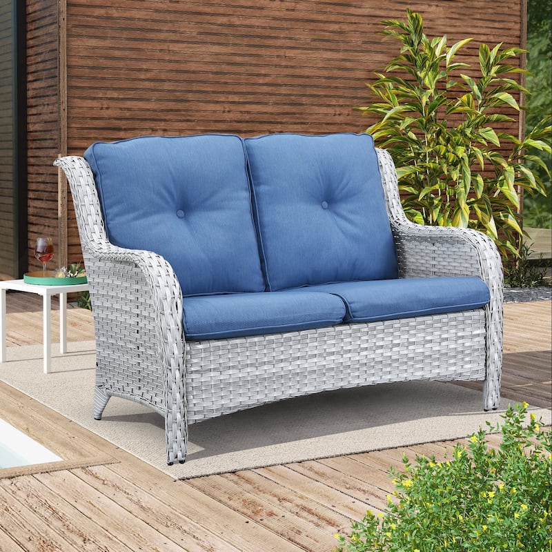 Gymojoy Outdoor Loveseat Wicker Sofa Set Rattan Sofa - Light Grey/Blue
