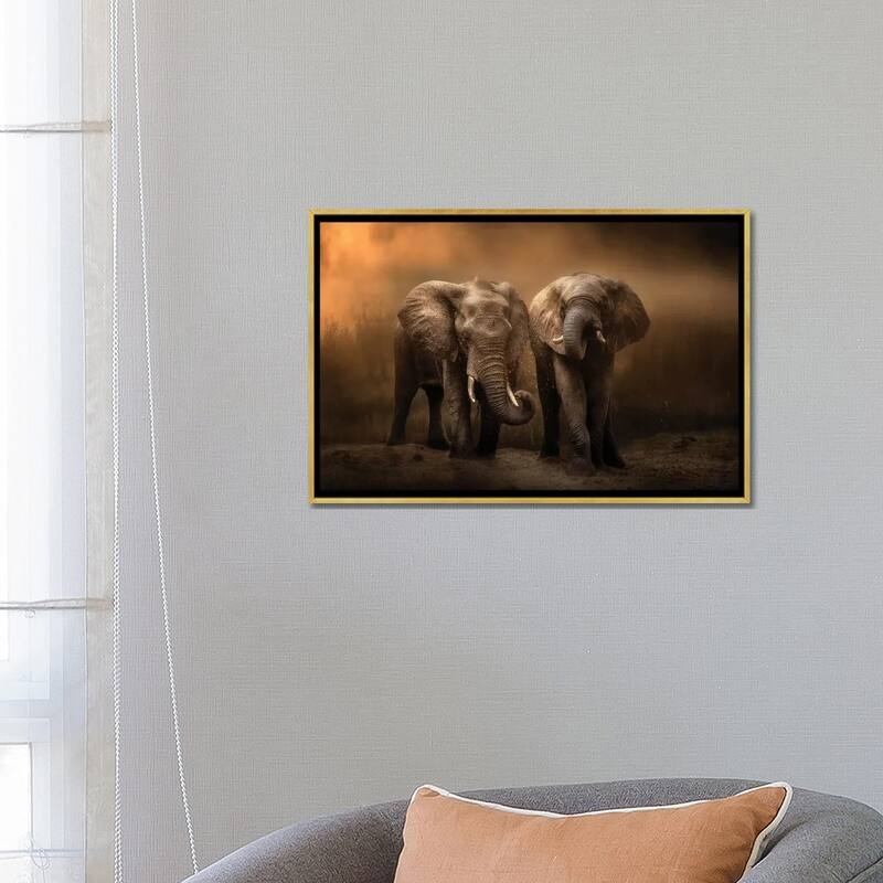iCanvas "Elephants Dust Bath..." by Charlaine Gerber Framed Canvas Print