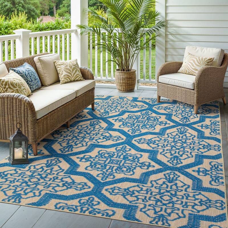 Style Haven Cara Mixed Pile Floral Medallions Indoor/ Outdoor Area Rug - 5' 3" x 7' 6" - Blue/Sand - Rectangle