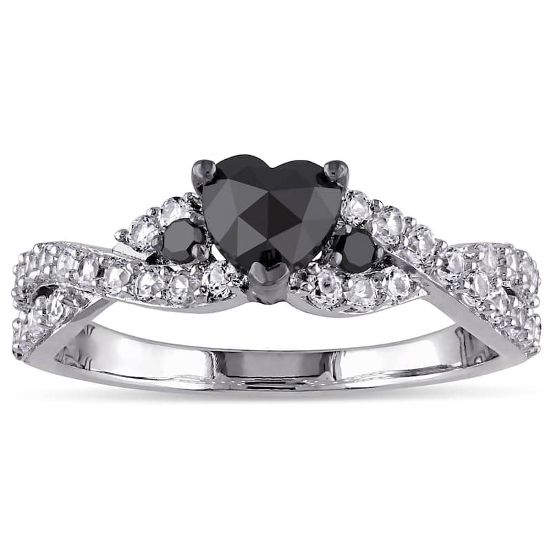 Miadora Sterling Silver Created White Sapphire 3/5ct TDW Black Diamond Crossover Heart Ring