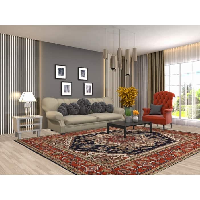 Hand Knotted Oriental 100% Wool Carpet Traditional Medallion Navy Blue & Blues Heriz (serapi) Area Rug - 10' 0'' X 7' 11''