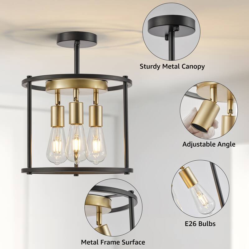 Starsky 3-Light 12inch Farmhouse Round Semi Flush Mount - Black&Gold