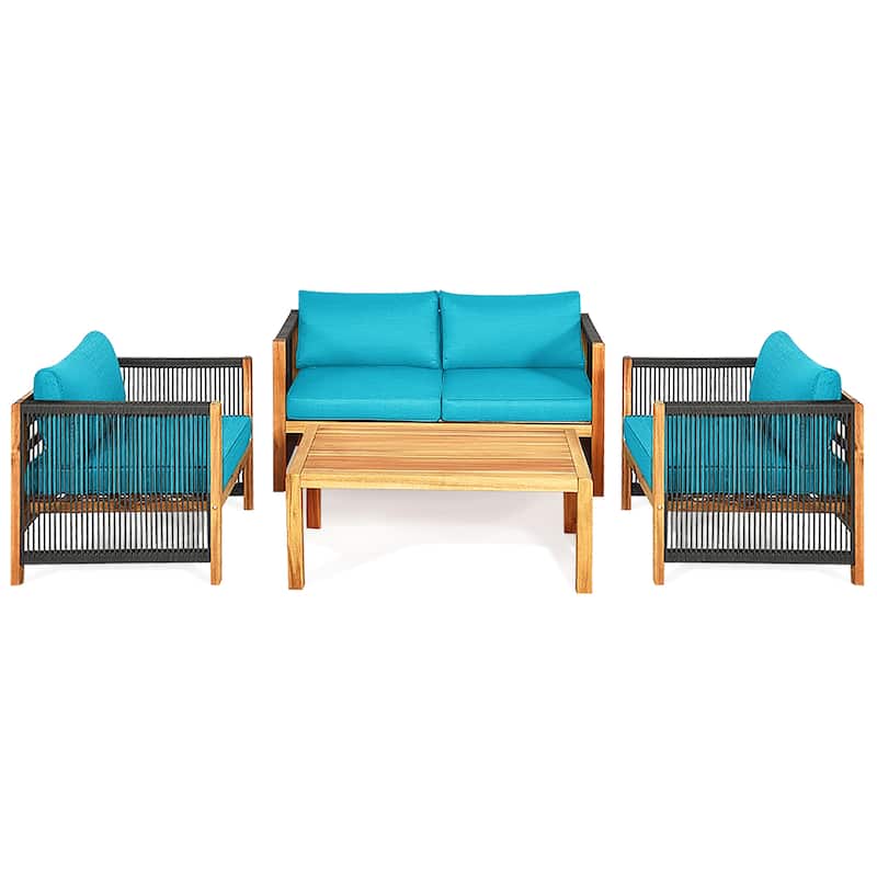4PCS Patio Furniture Set with Coffee Table for Indoor and Outdoor - Teak+Turquoise
