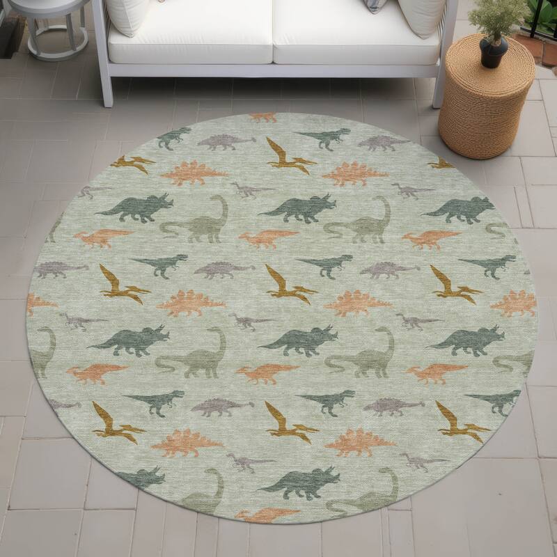 Machine Washable Indoor/ Outdoor Modern Dinosaur Chantille Rug - Celery - 8' x 8'