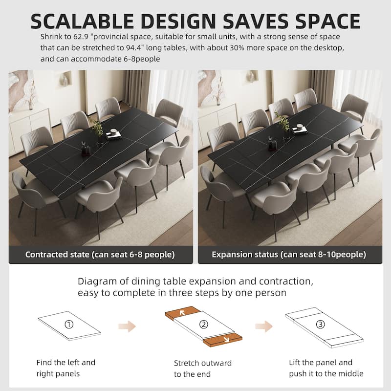 62.9'' to 94.4'' expandable Slate rectangular Glossy White kitchen Stone Top dining table stainless steel legs.