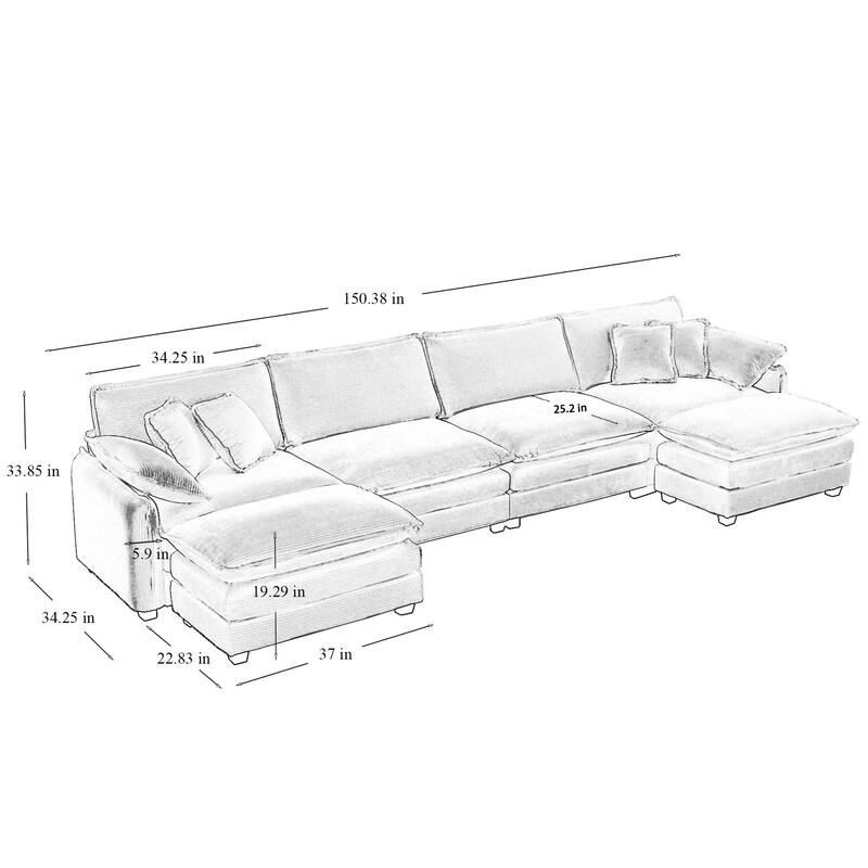 6-piece Oversized Corduroy Upholstered U-Shaped Modular Sectional Sofa with 2 Removable Ottoman and Free Combination