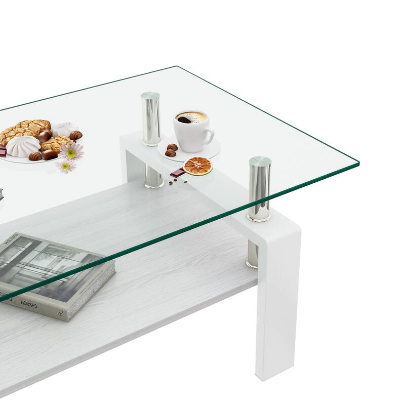 Rectangle Coffee Table, Tempered Glass Tabletop with MDF Layer, Modern Table for Living Room, Transparent Glass