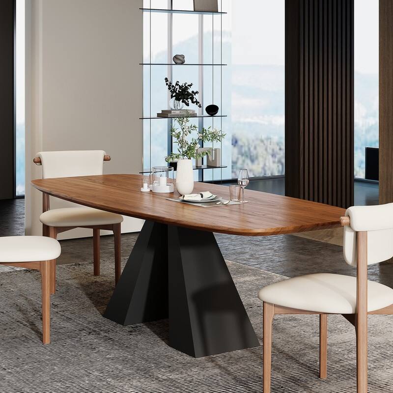 86" Mid Century Modern Dining Table, Brown Solid Wood Tabletop with Black Stainless Steel Legs, Retangular DiningTable for 8-10