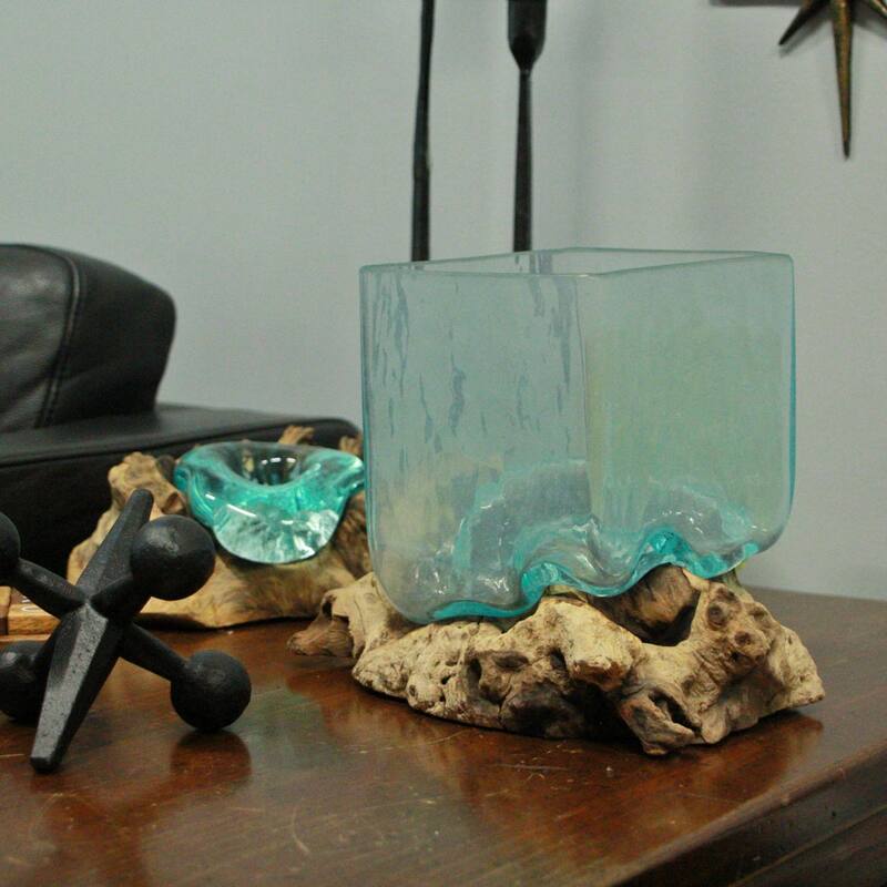 Teak Driftwood Glass Square Vase/Bowl - 8" High - Nature-Inspired
