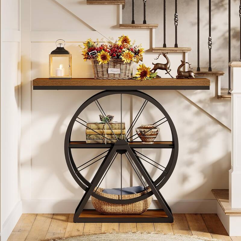 39.4" Console Table, Industrial 3-Tier Entryway Accent Table with Wheel Base - 39.37" L x 11.81" W x 33.46" H