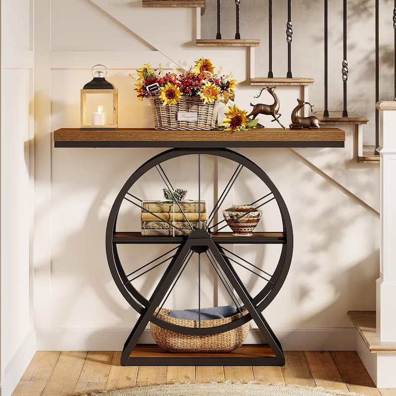 39.4" Industrial 3-Tier Console Table with Fixed Wheel Base for Living Room, Hallway, Foyer, Rustic Brown