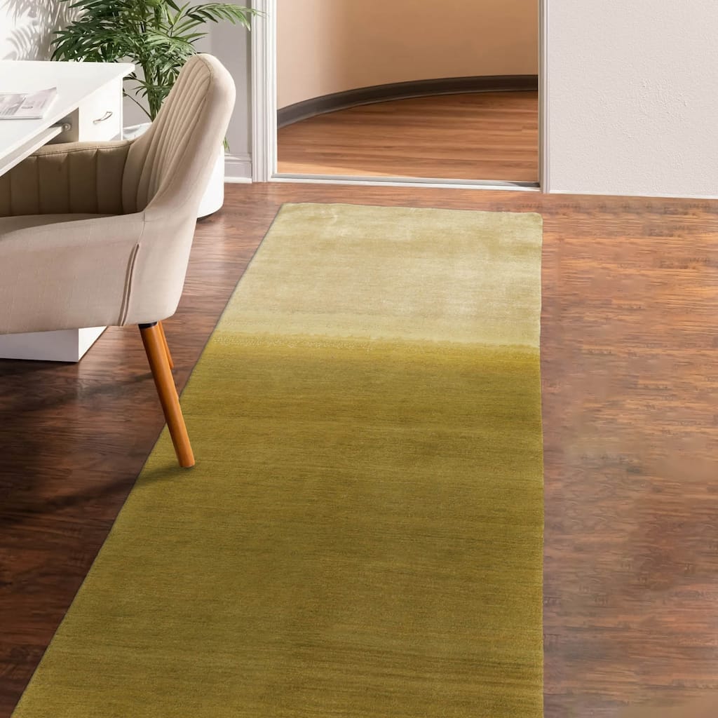 Hand Knotted Ombre Olive, Green Tibetan Wool Modern Oriental Area Rug - 3' 1'' x 12' 1''