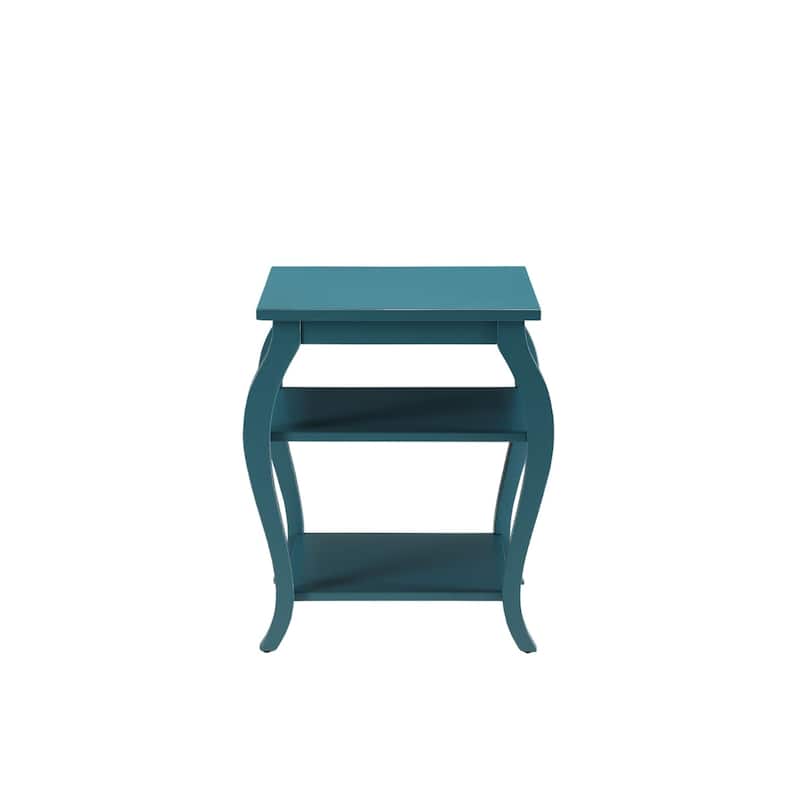 Teal Blue Wood End Table with Bow Legs and Two Storage Shelves - 18” x 20” x 23”