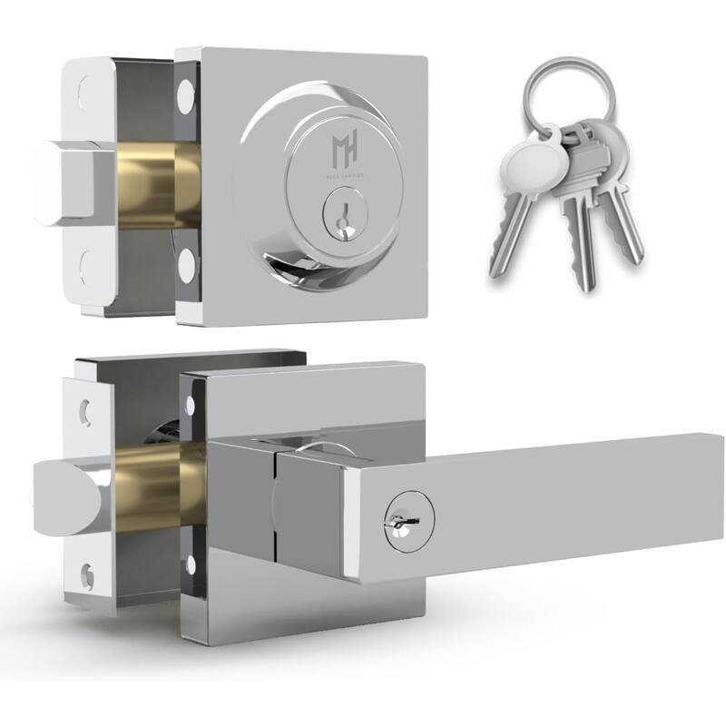 Mega Handles ROBELL Square Entry Lever and Deadbolt Combo | Front Door Lock Set | Modern Stainless Steel | Keyed Door Lever -  Reversible Handing|Polished Chrome
