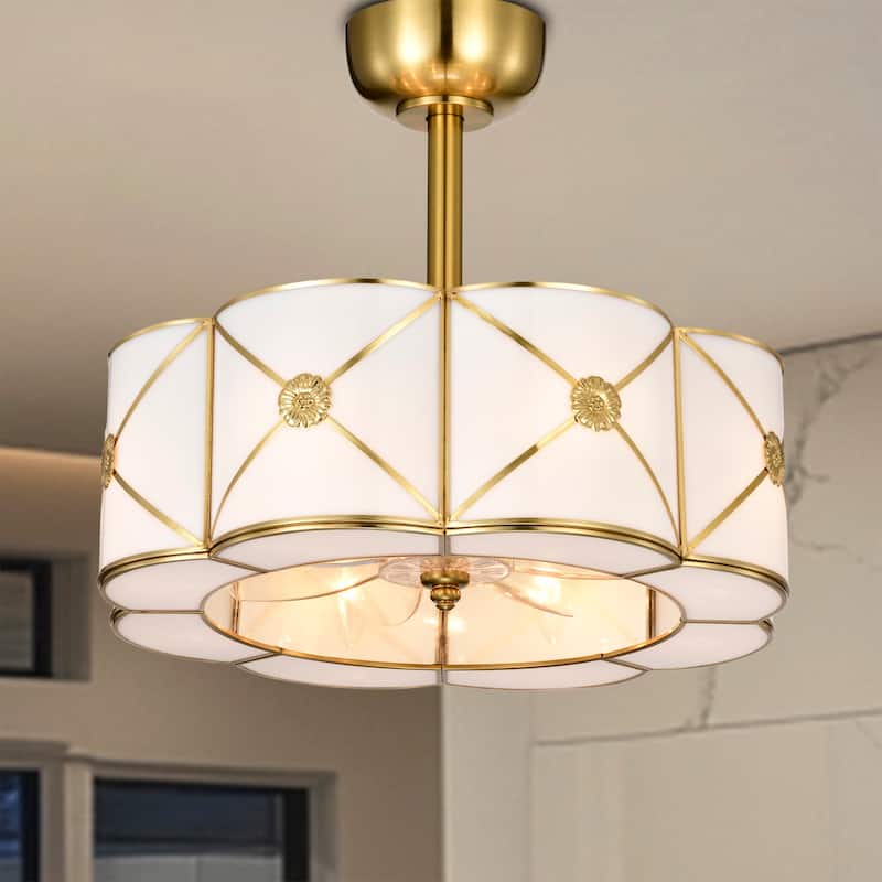 Strancta Scalloped Round White Gold Trim Tiffany Glass Lighted Ceiling Fandelier with Remote