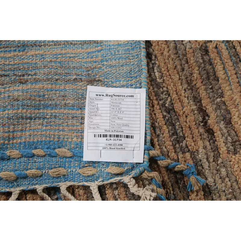 Brown Striped Moroccan Modern Area Rug Hand-Knotted Wool Carpet - 8'9"x 13'0"