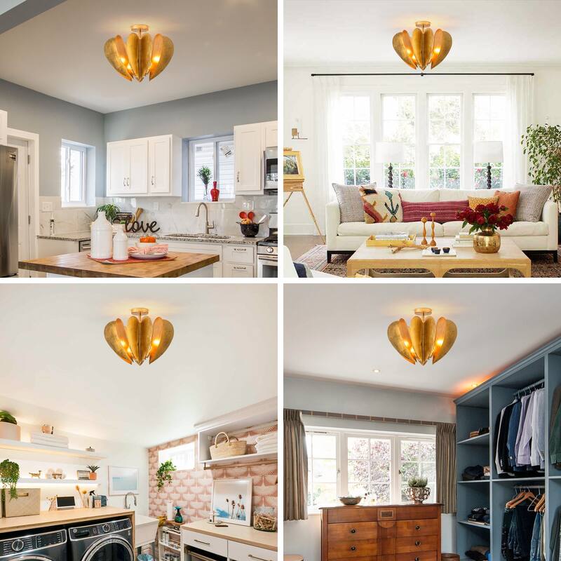 19-Inch Antique Gold Heart Semi Flush Mount Ceiling Light for Bedroom