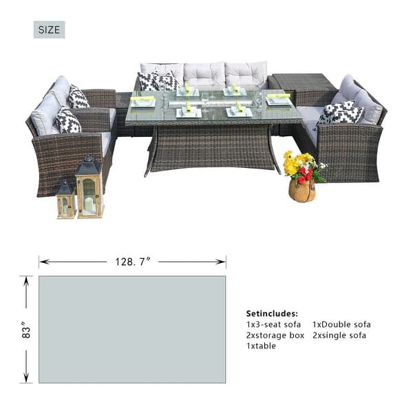 dimension image slide 1 of 2, Abrihome 7-piece Patio Outdoor Wicker Sofa Set with Fire Pit Table