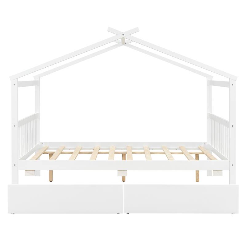 Creativity House Bed Full Size Frame with 2 Wood Drawers for Boys Girls, Wood Platform Bed with Roof No Box Spring Needed